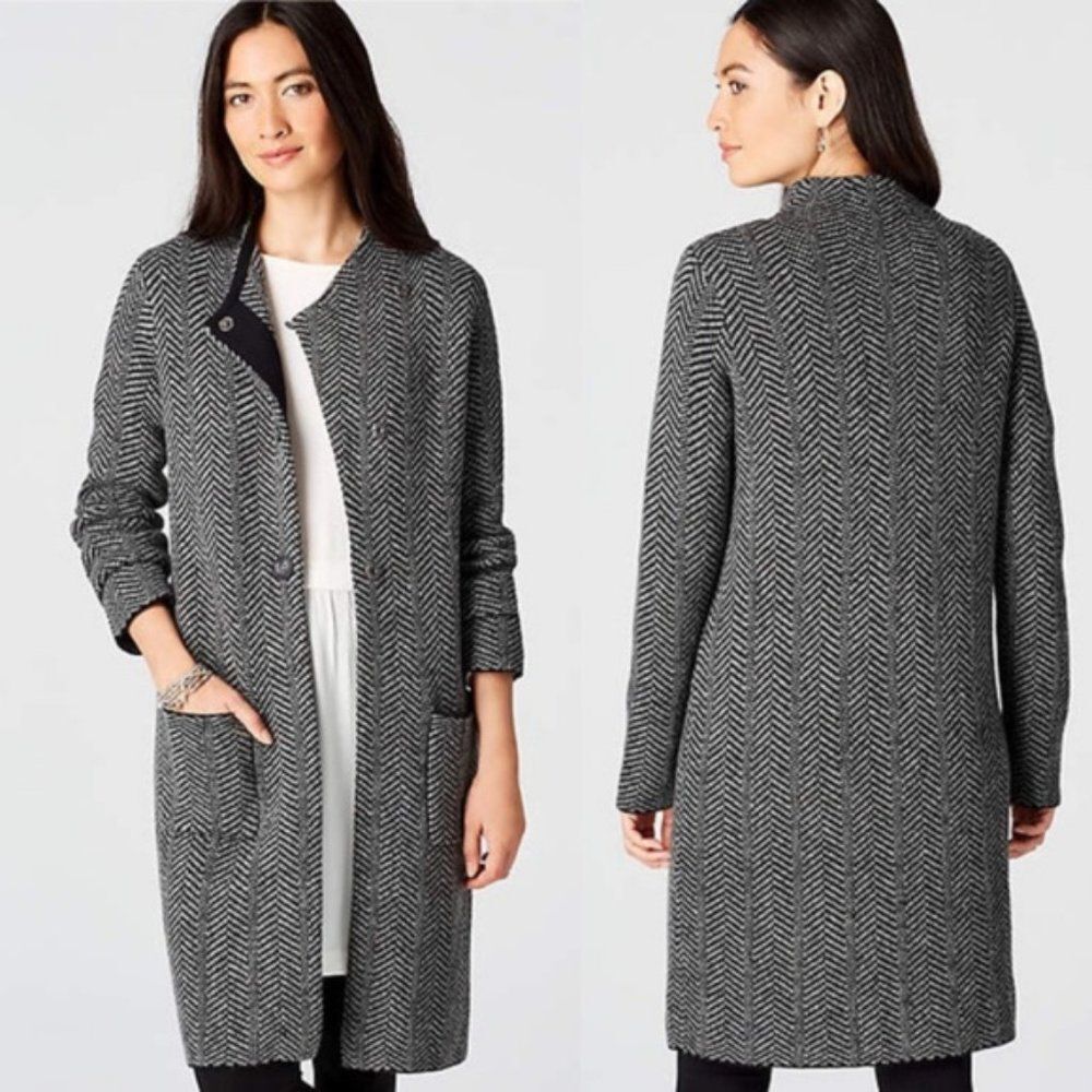 J.Jill Herringbone Copley Topper Black White Herringbone Sweater Coat cardigan M